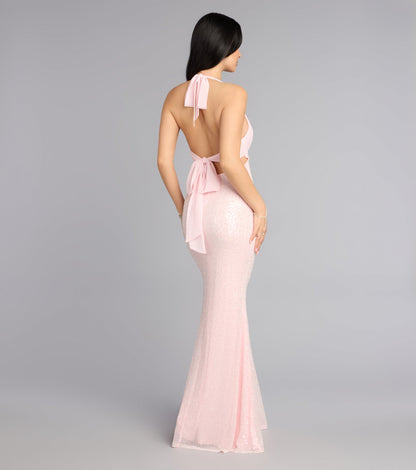 Sparkling Sequin Mermaid Halter V-Neck Bow-Tie Open Back Floor-Length Gown