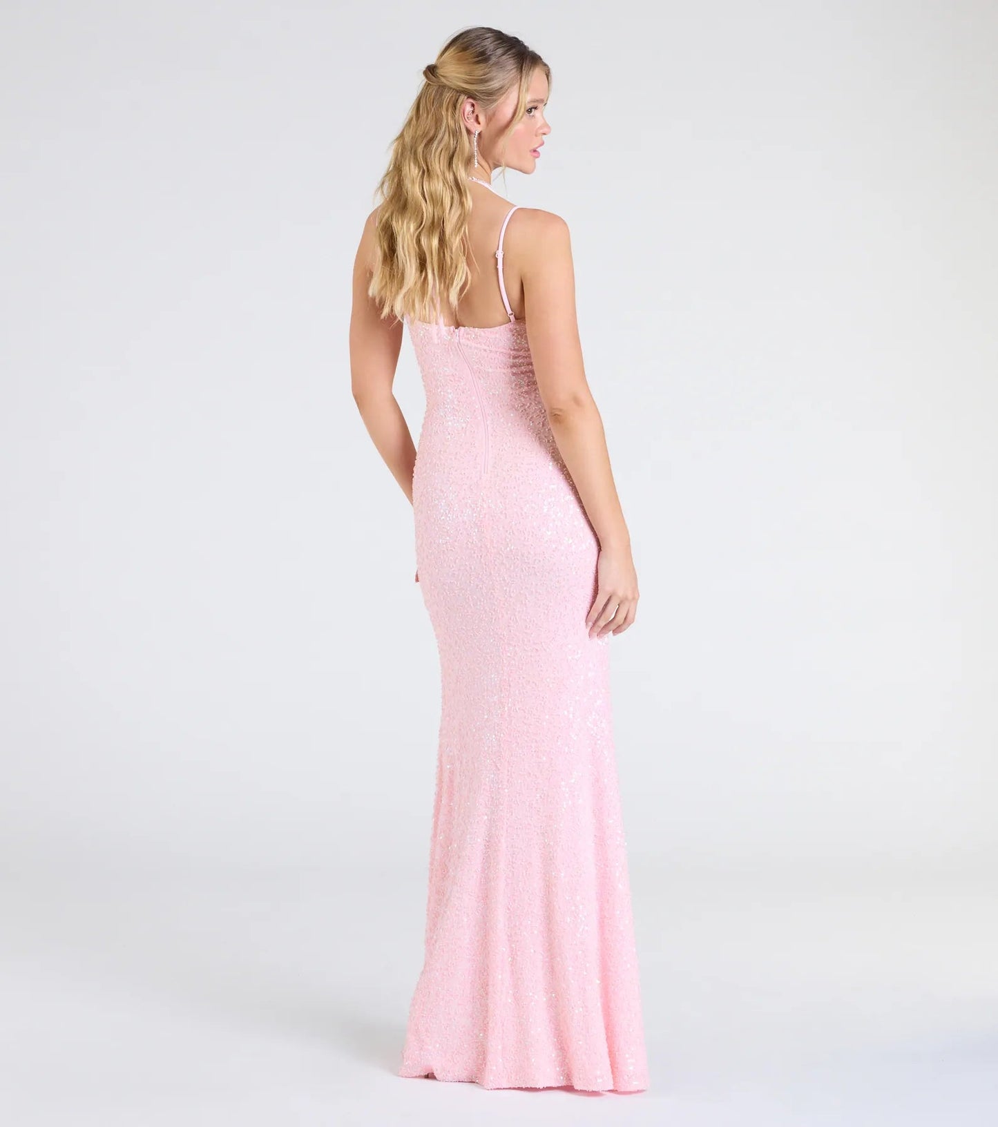 Sparkling Sequin Mermaid Sweetheart Spaghetti Strap High Slit Floor Length Evening Dress