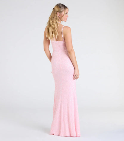 Sparkling Sequin Mermaid Sweetheart Spaghetti Strap High Slit Floor Length Evening Dress