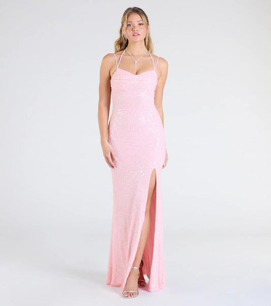 Sequin Mermaid Sweetheart Spaghetti Strap High Slit Floor Length Evening Dress