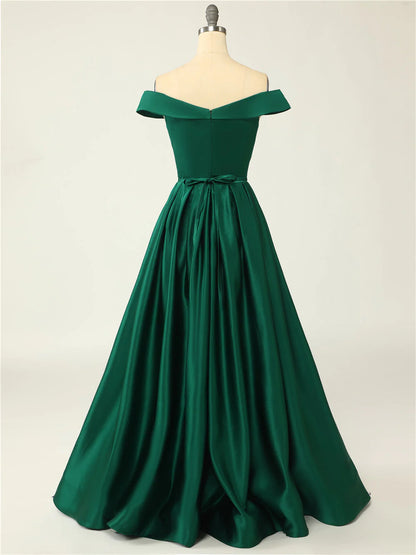 Sexy A-Line Long Off The Shoulder High Slit Satin Prom Dresses