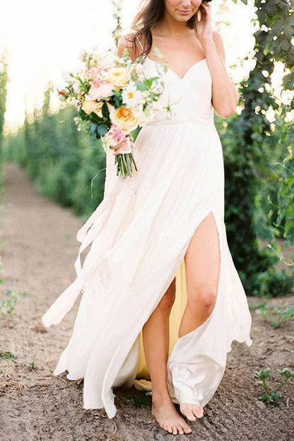 Sexy Spaghetti Straps Boho Bridal Dress with Slit V Neck Side Slit Beach Wedding Dresses