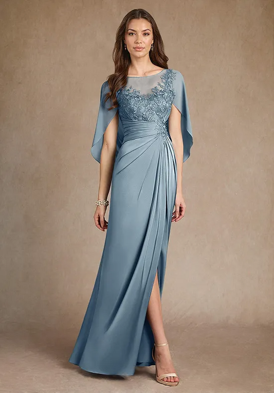 Sheer Capelet Lace-Appliquéd Ruched Slit Column Floor-Length Mother of the Bride Dresses