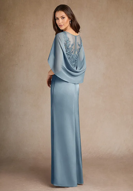 Elegant Lace Column Capelet Ruched Slit Floor-Length Mother of Bride Dress
