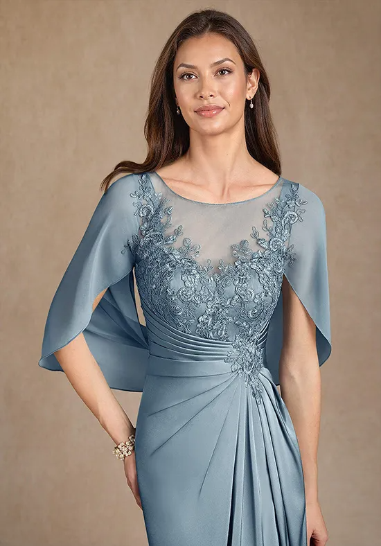 Elegant Lace Column Capelet Ruched Slit Floor-Length Mother of Bride Dress