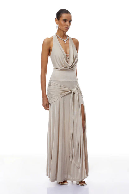 Shimmer Knit Halter Cowl Neck Floor Length Evening Dress with Waist Tie and Front Slit