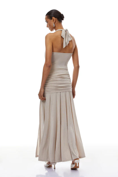 Shimmer Knit Halter Cowl Neck Floor Length Evening Dress with Waist Tie and Front Slit
