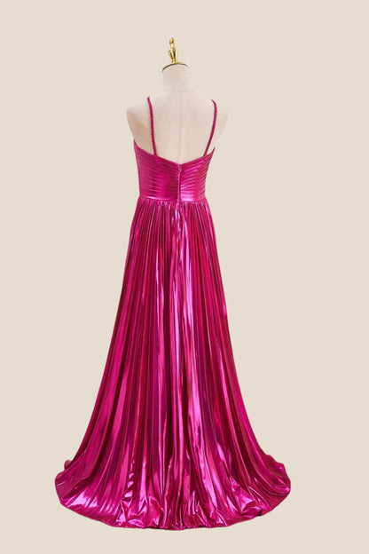 Back view of metallic evening dress with low open design.