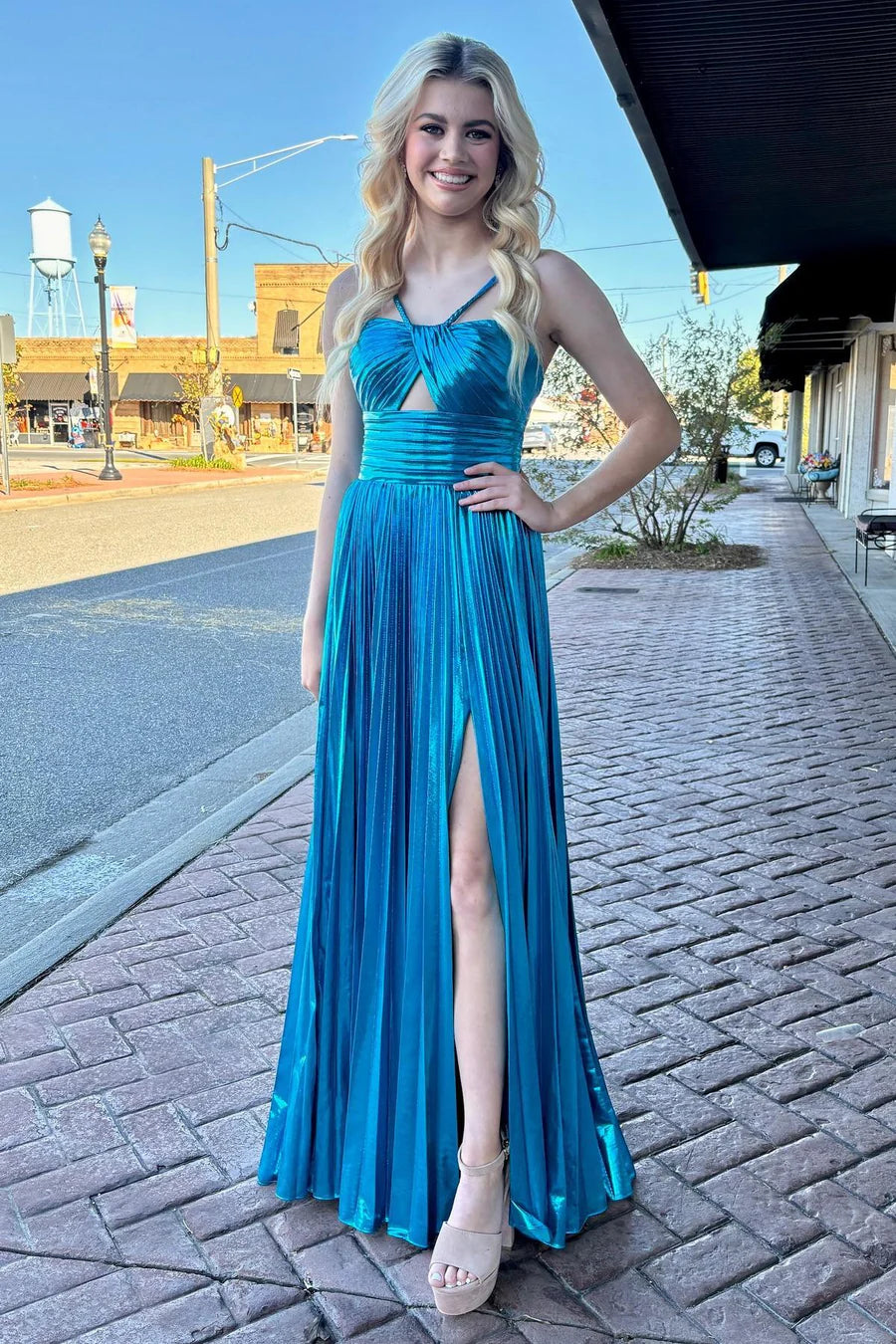 Elegant floor length metallic evening dress.
