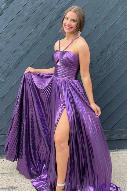 Metallic A-line gown for formal events.