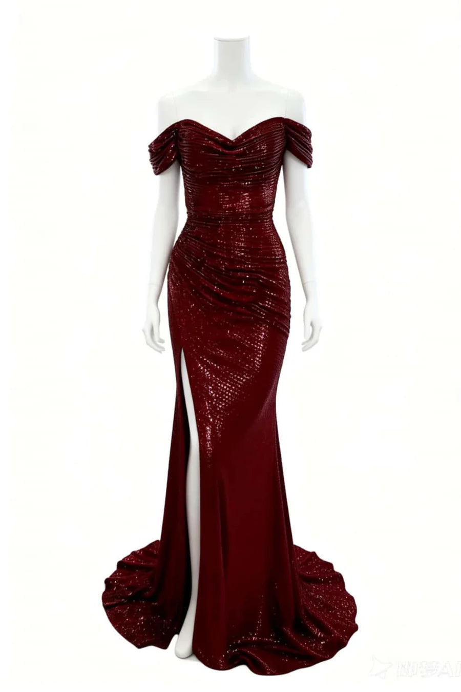 Full view of shimmering sequin mermaid off-shoulder evening dress.