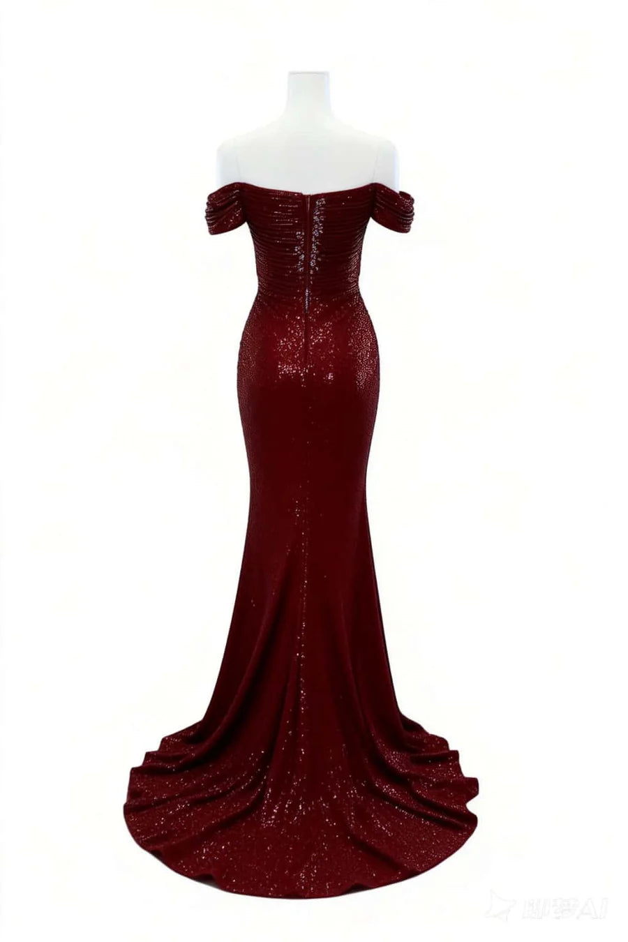Back view of shimmering sequin mermaid off-shoulder evening dress.