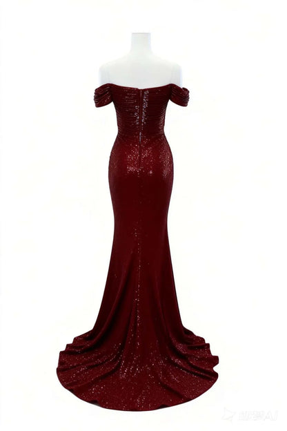 Back view of shimmering sequin mermaid off-shoulder evening dress.