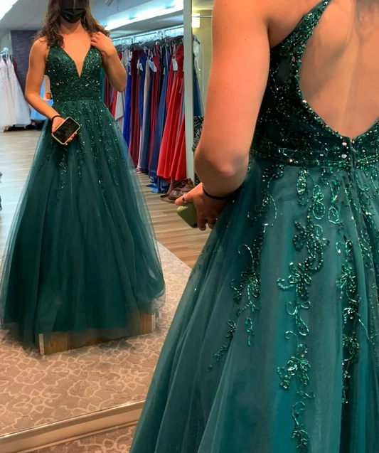 Shimmering Tulle A-Line Plunging V-Neck Open-Back Beaded Teal Floor-Length Prom Dress.