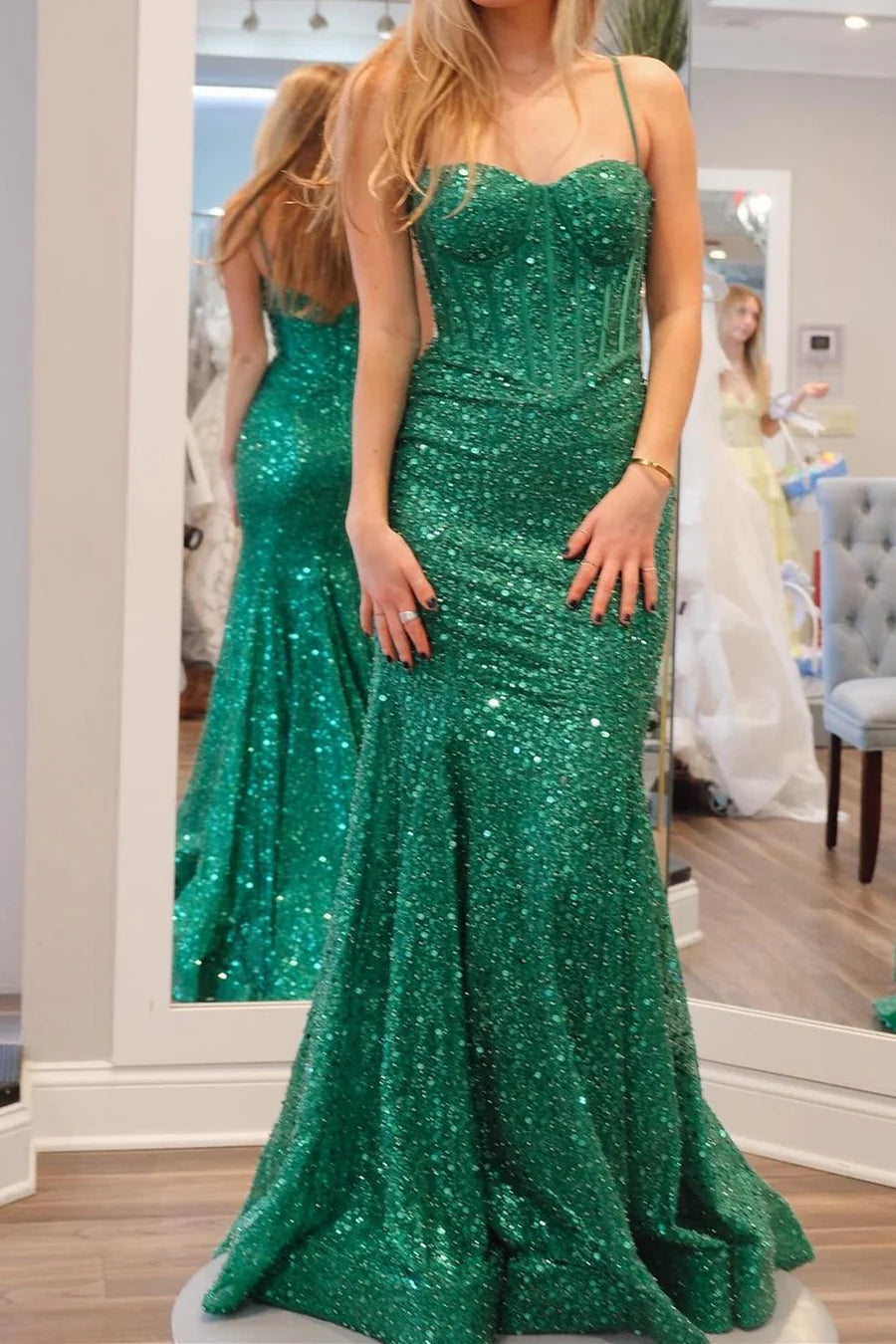 Shimmering Sequin Mermaid Sweetheart Spaghetti Strap Corset Back Floor Length Prom Dress