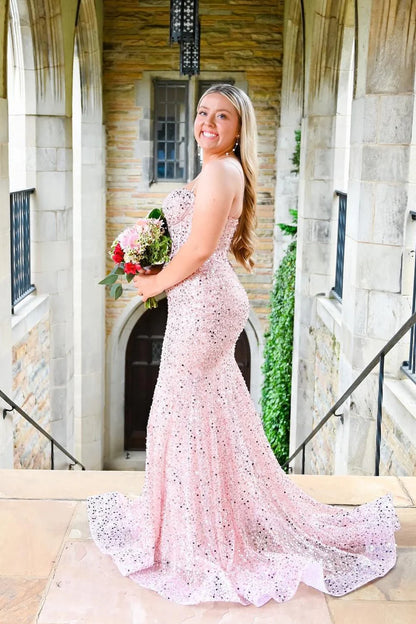 Shimmering Sequin Mermaid Sweetheart Spaghetti Strap Corset Back Floor Length Prom Dress