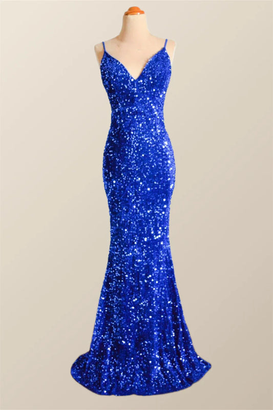 Shimmering Sequin Mermaid V-Neck Spaghetti-Straps Low-Back Floor-Length Evening Dress