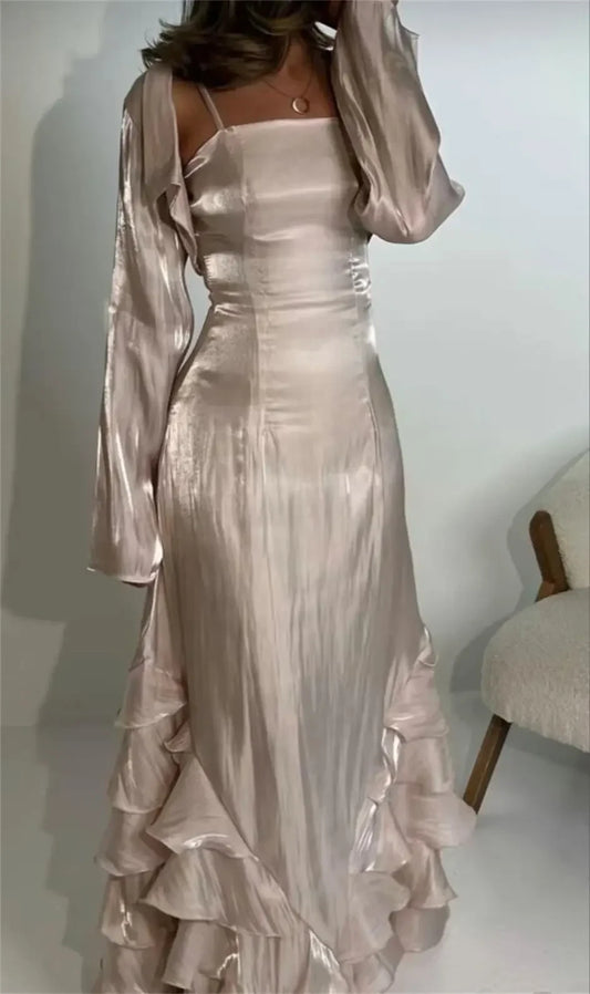 Shimmering Satin Sheath Square Neck Spaghetti Strap Strappy Back Floor-Length Ruffled Two Piece Evening Dresses