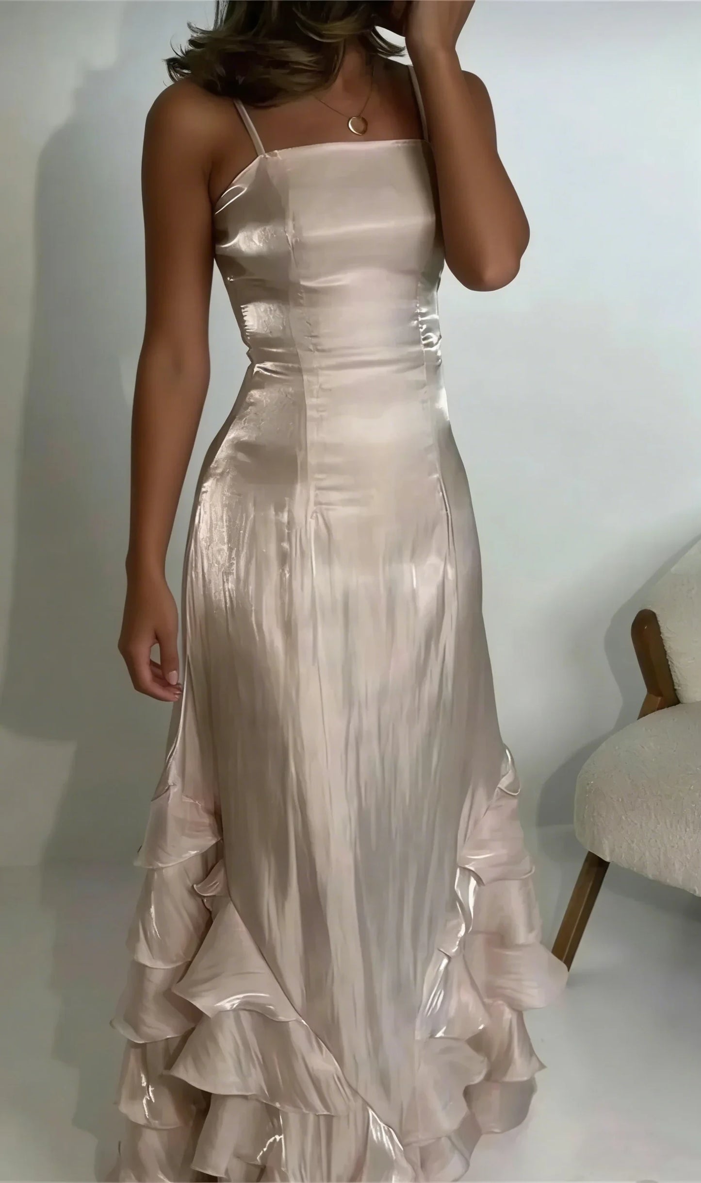 Shimmering Satin Sheath Square Neck Spaghetti Strap Strappy Back Floor-Length Ruffled Two Piece Evening Dresses