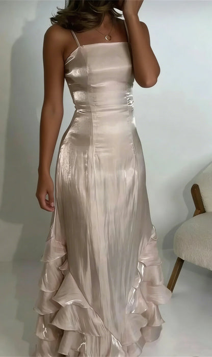 Shimmering Satin Sheath Square Neck Spaghetti Strap Strappy Back Floor-Length Ruffled Two Piece Evening Dresses