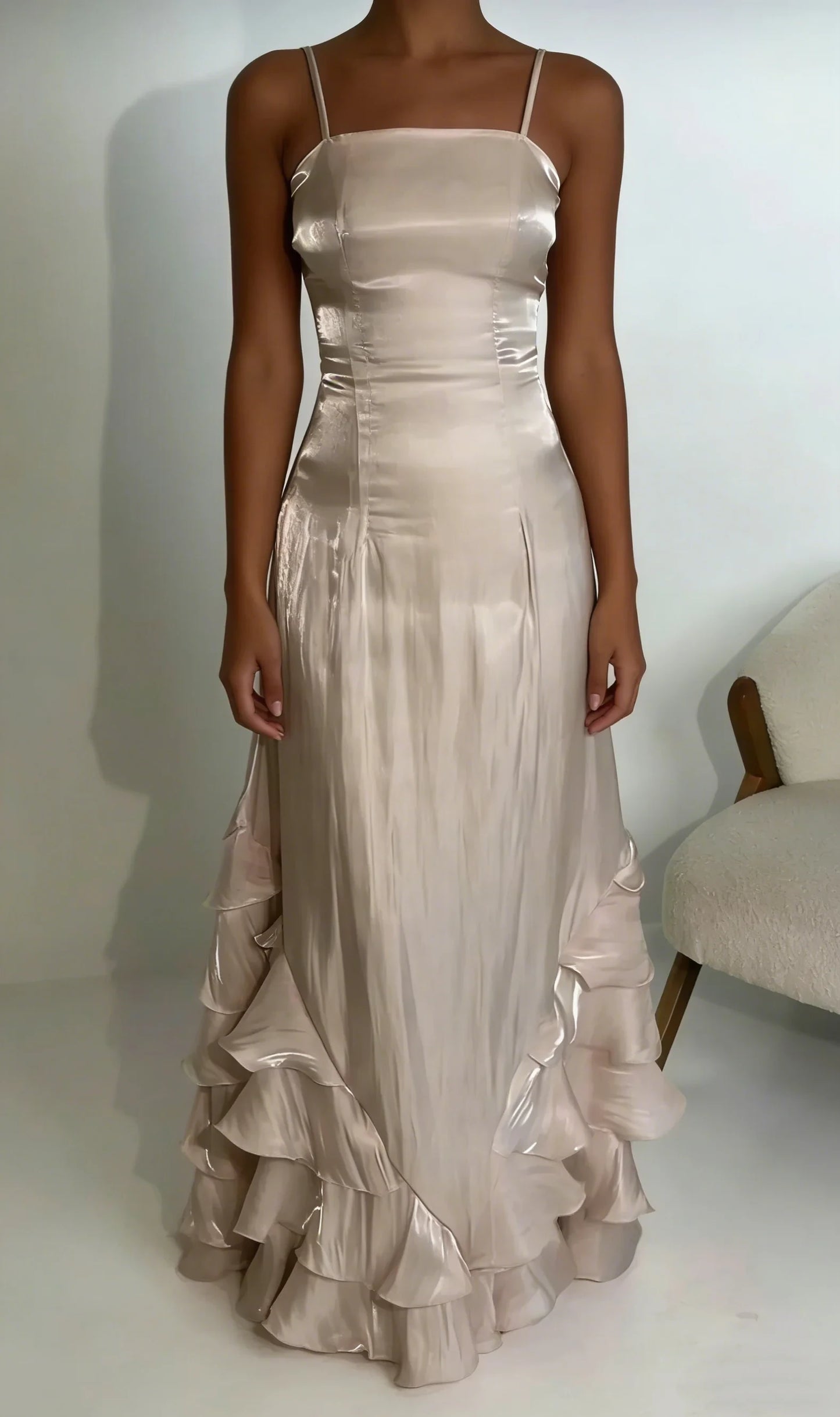 Shimmering Satin Sheath Square Neck Spaghetti Strap Strappy Back Floor-Length Ruffled Two Piece Evening Dresses