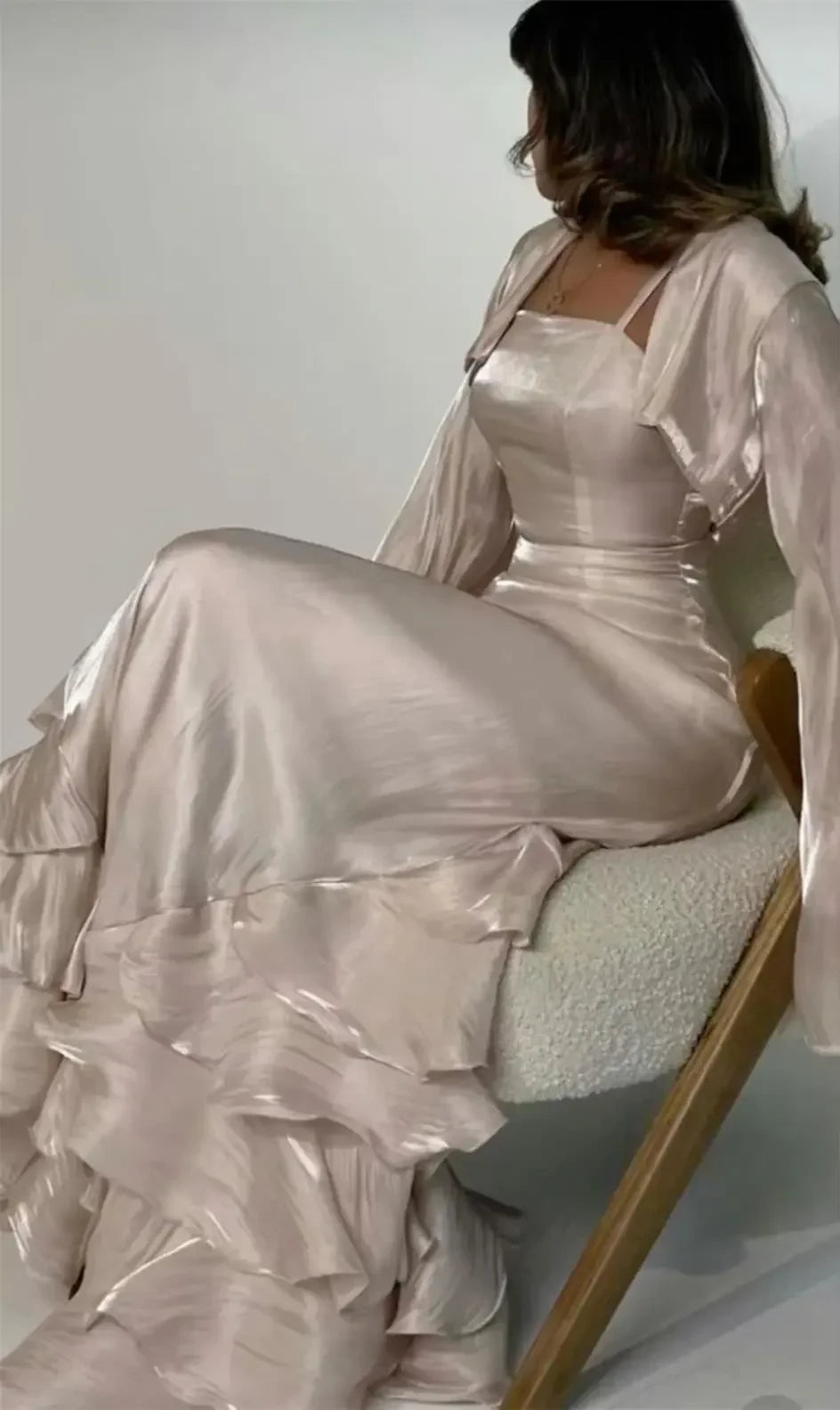 Shimmering Satin Sheath Square Neck Spaghetti Strap Strappy Back Floor-Length Ruffled Two Piece Evening Dresses