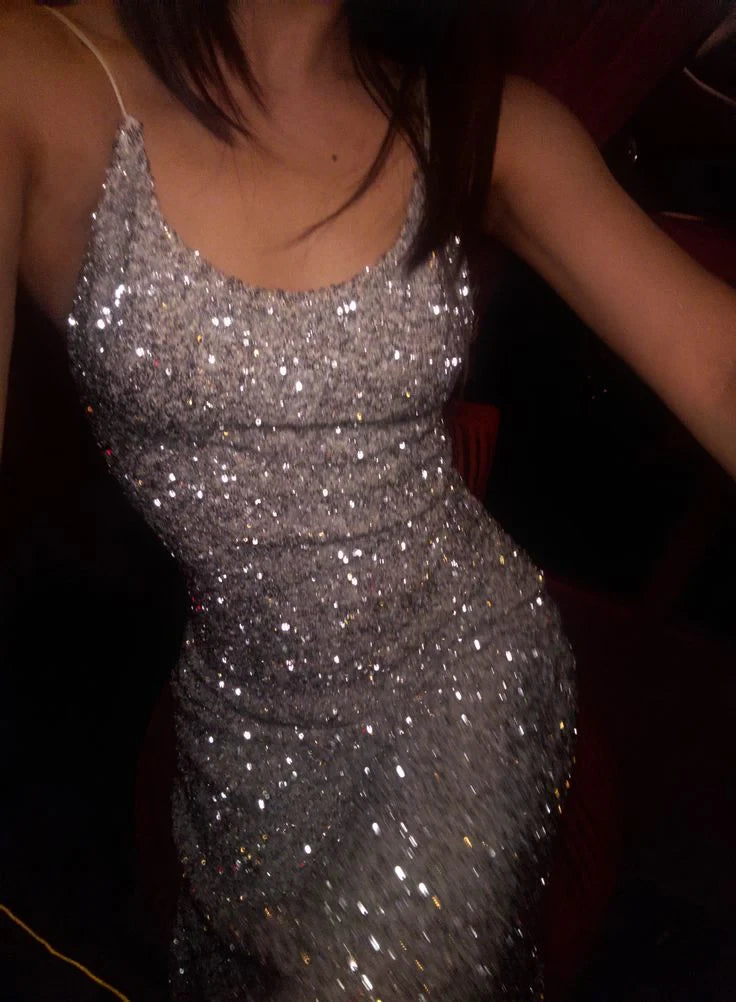 Shimmering Sequin Sheath Cowl Neck Spaghetti Strap Open Back Floor-Length Prom Dresses