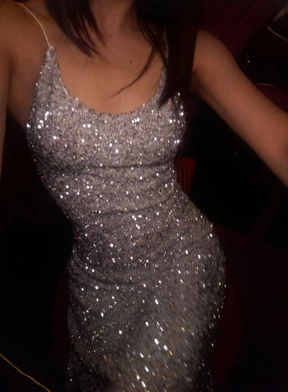 Shimmering Sequin Sheath Cowl Neck Spaghetti Strap Open Back Floor-Length Prom Dresses