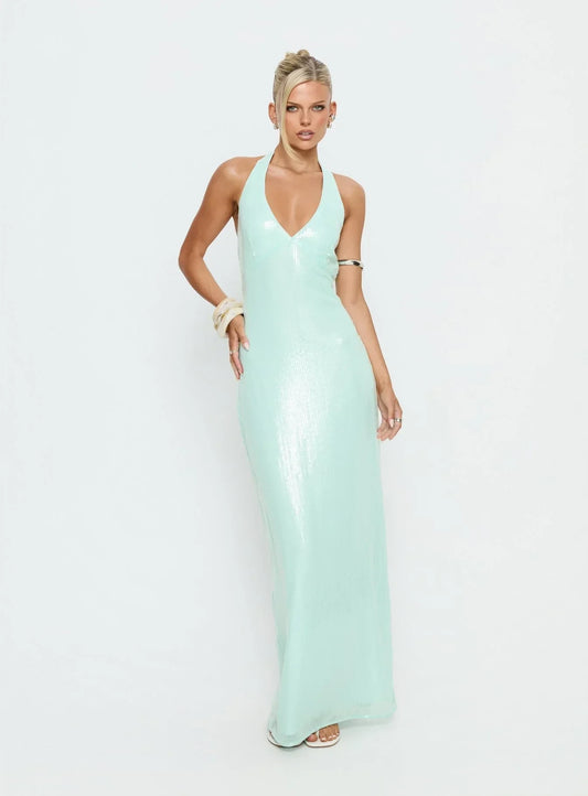 Shimmering Sequin Sheath Halter V-Neck Sleeveless Open Tie-Back Floor-Length Evening Dresses