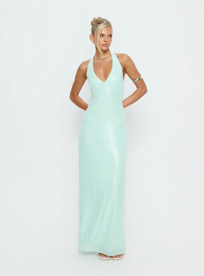Shimmering Sequin Sheath Halter V-Neck Sleeveless Open Tie-Back Floor-Length Evening Dresses