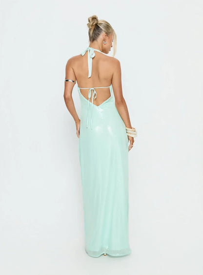 Shimmering Sequin Sheath Halter V-Neck Sleeveless Open Tie-Back Floor-Length Evening Dresses