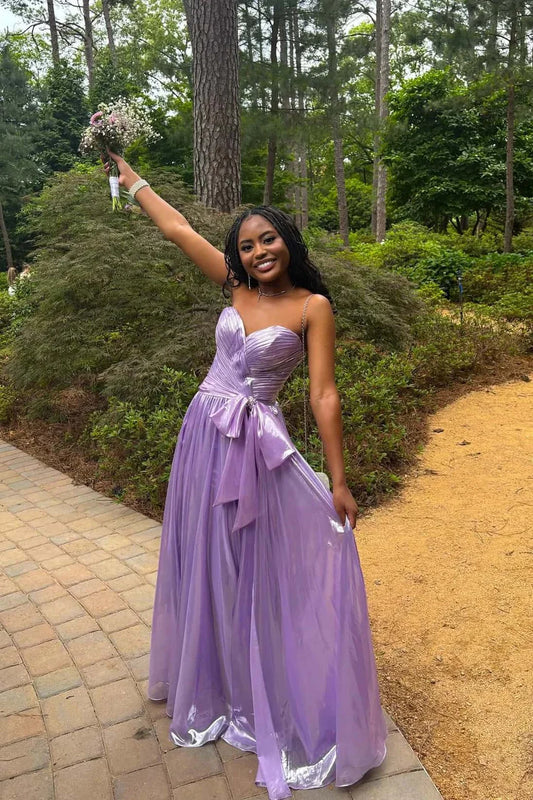 Shimmery Metallic A-Line Strapless Sweetheart Ruched-Bodice Bow-Accent Floor-Length Evening Dress