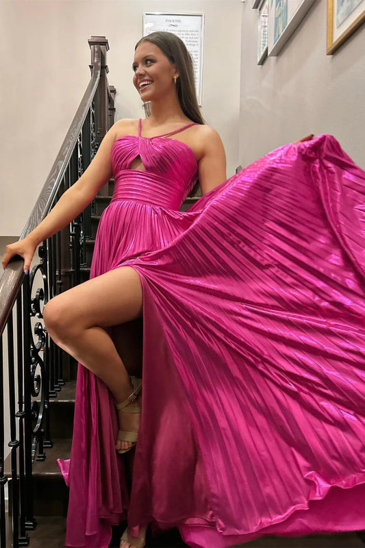 Shiny Metallic A-line Keyhole Halter Strap Low Back Floor Length Slit Evening Dress