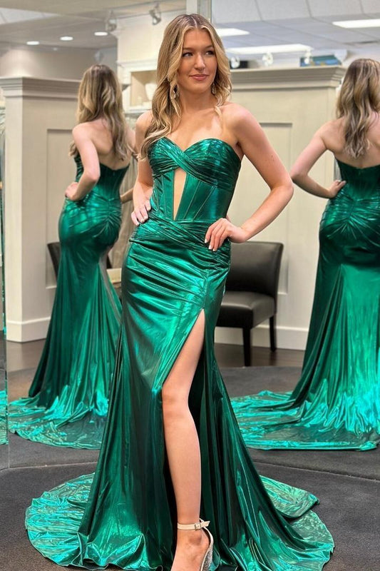 Shiny Metallic Mermaid Sweetheart Keyhole Strapless Floor Length Slit Evening Dress