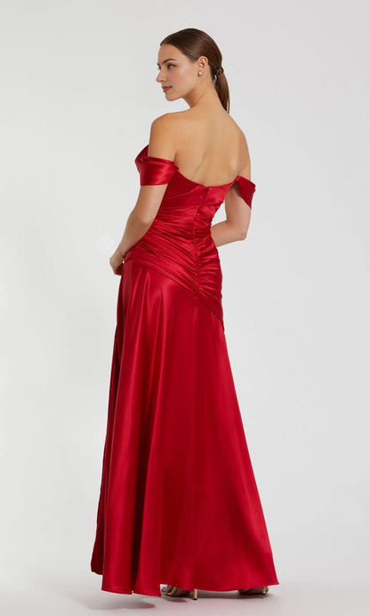 Shoulder less neckline with sleeveless pleats, backless side slit and floor length Prom dress