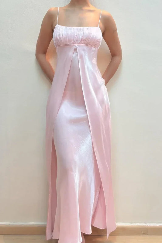 Silky Satin Straight Square Neck Spaghetti Strap Zipper Back Floor-Length Evening Dresses