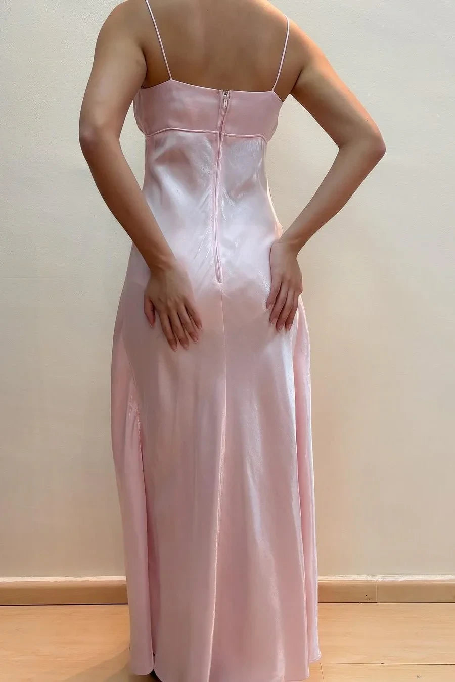Silky Satin Straight Square Neck Spaghetti Strap Zipper Back Floor-Length Evening Dresses