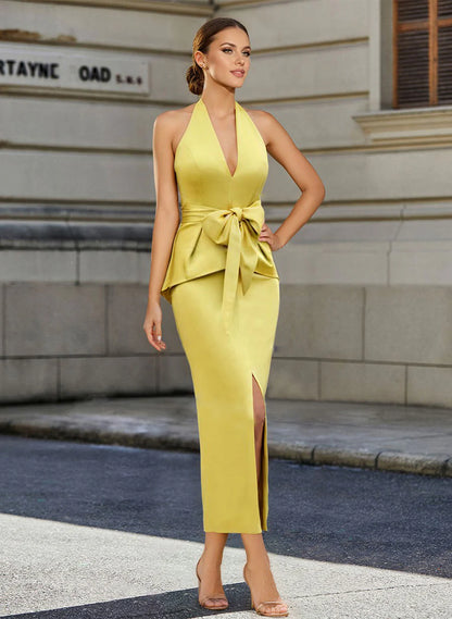 Bow wrap/column neck hanging mother of the bride dress