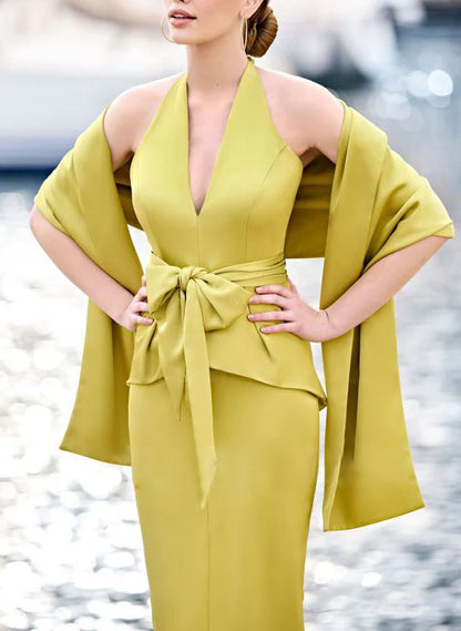 Bow wrap/column neck hanging mother of the bride dress