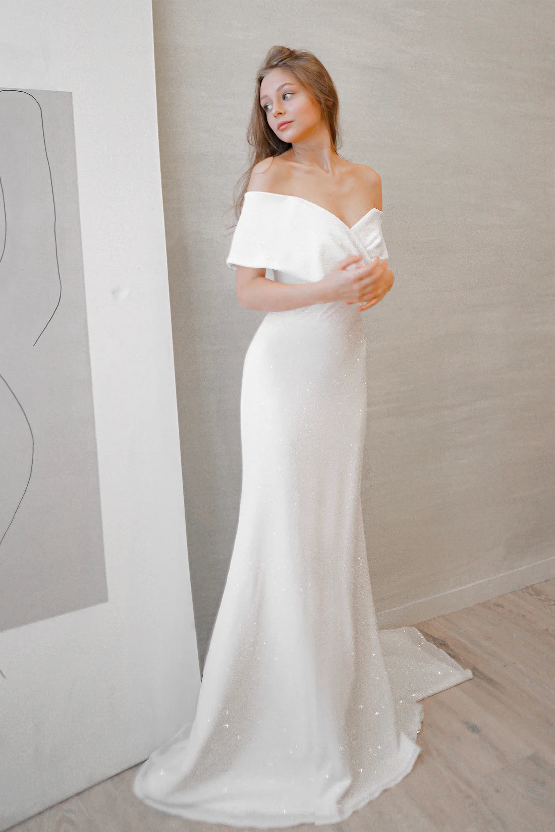 Simple Sexy Satin Mermaid Off-Shoulder Sweetheart Short Sleeves Lace-Up Back Floor-Length Wedding Dresses