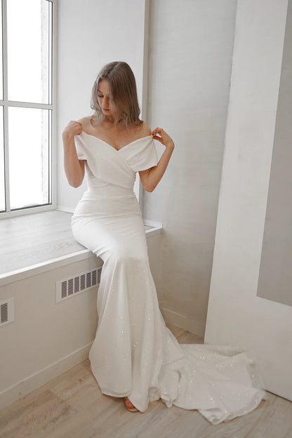 Simple Sexy Satin Mermaid Off-Shoulder Sweetheart Short Sleeves Lace-Up Back Floor-Length Wedding Dresses