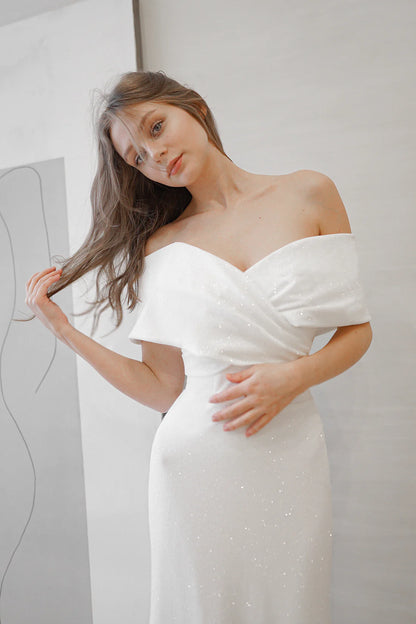 Simple Sexy Satin Mermaid Off-Shoulder Sweetheart Short Sleeves Lace-Up Back Floor-Length Wedding Dresses