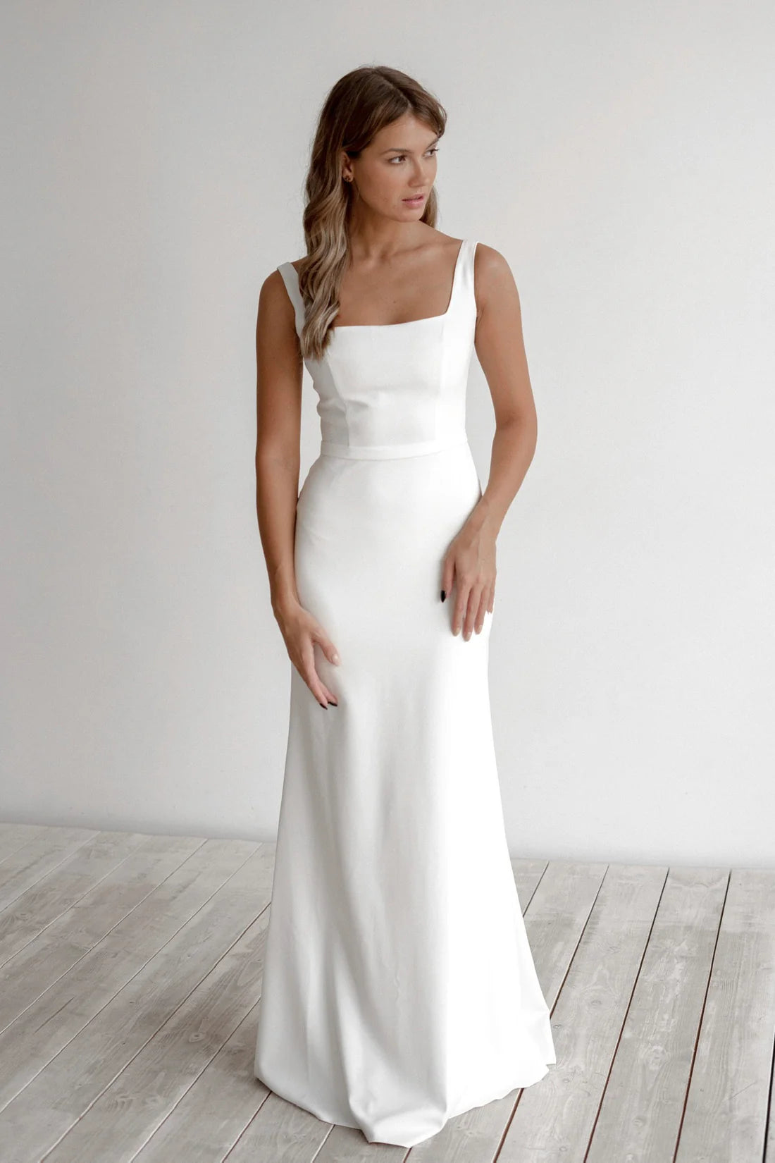 Simple Sheath Satin Square Neck Sleeveless Lace-Up Back Floor-Length Wedding Dresses
