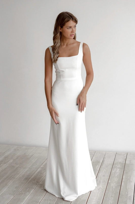 Simple Sheath Satin Square Neck Sleeveless Lace-Up Back Floor-Length Wedding Dresses