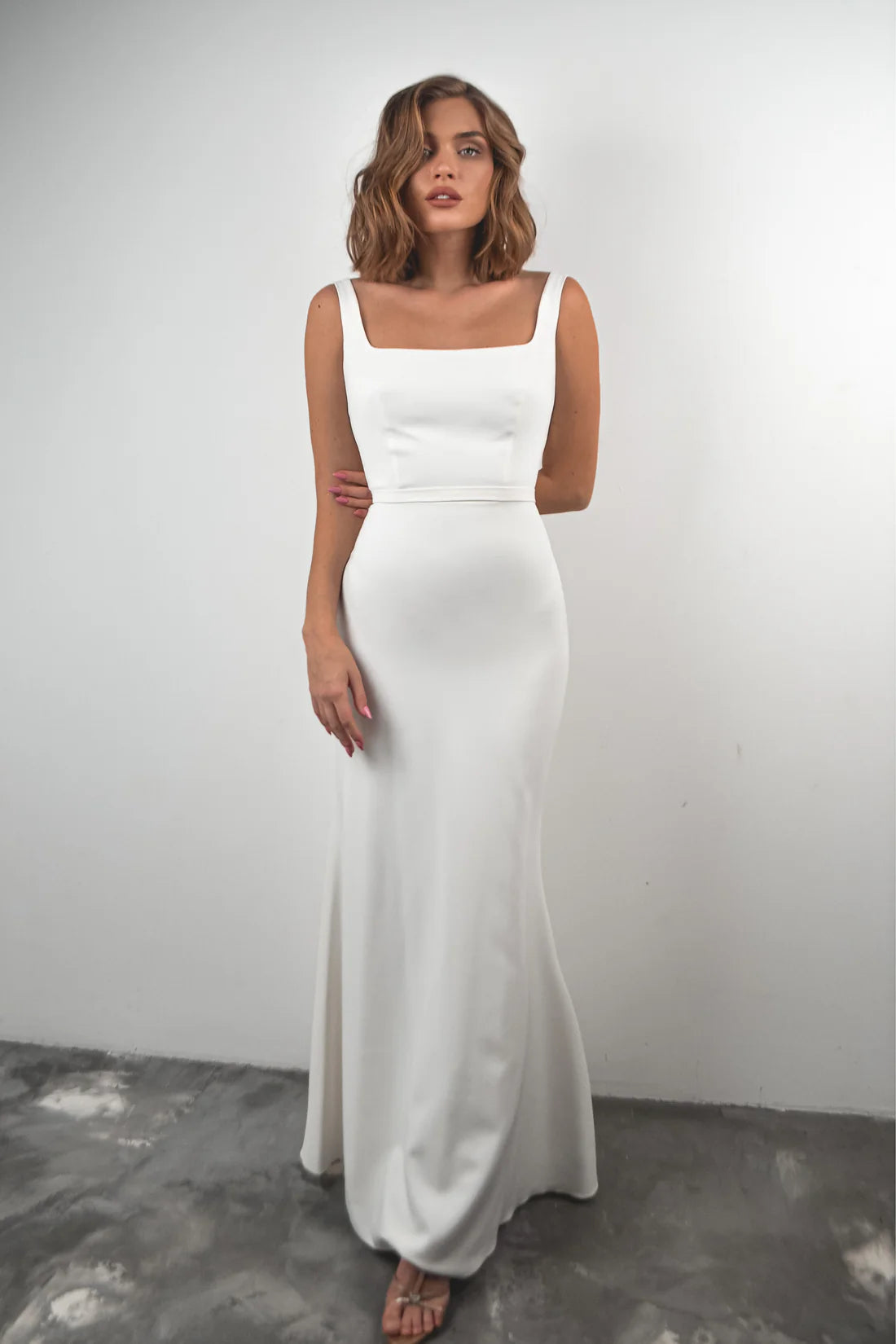 Simple Sheath Satin Square Neck Sleeveless Lace-Up Back Floor-Length Wedding Dresses