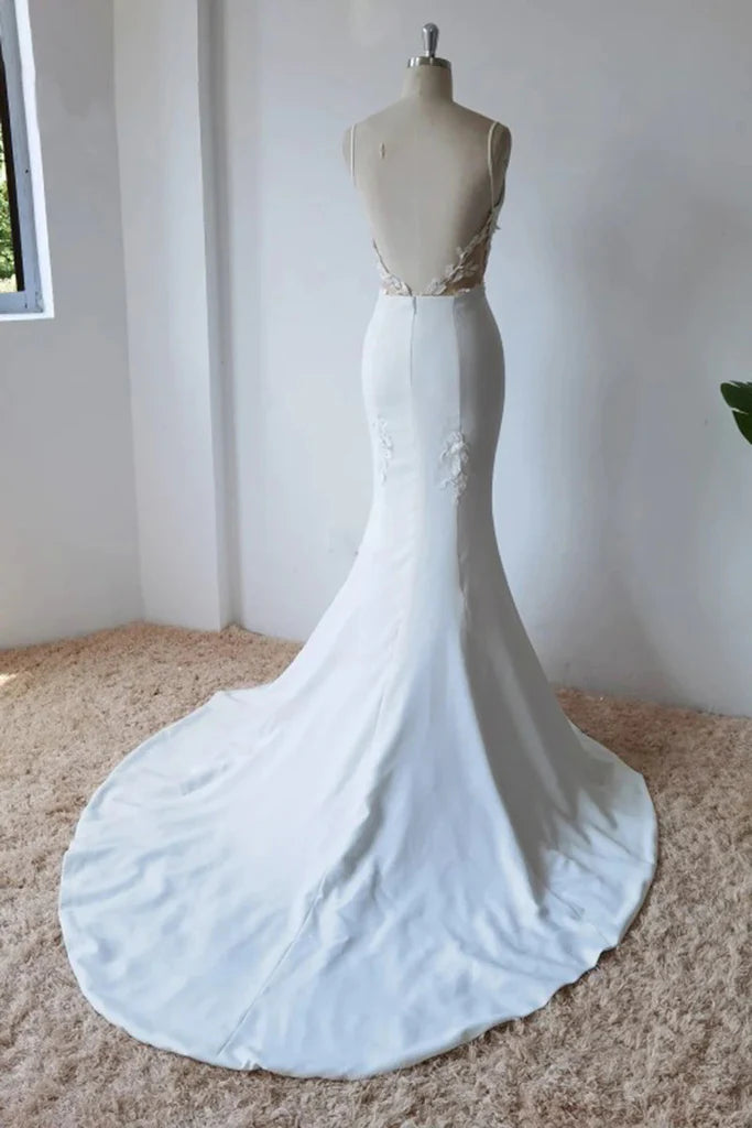 Simple Italian Noodle Strap Satin Mermaid Modern Floor Mopping Wedding Dress