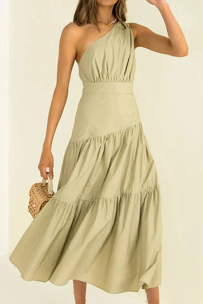 Simple A-Line One-Shoulder Sleeveless Ruched Back Midi Length Prom Dresses