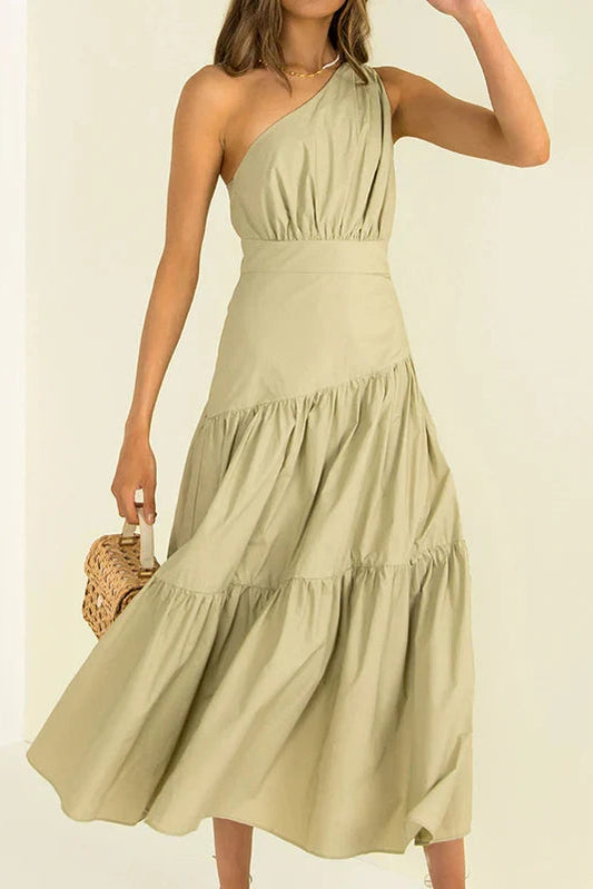 Simple A-Line One-Shoulder Sleeveless Ruched Back Midi Length Prom Dresses