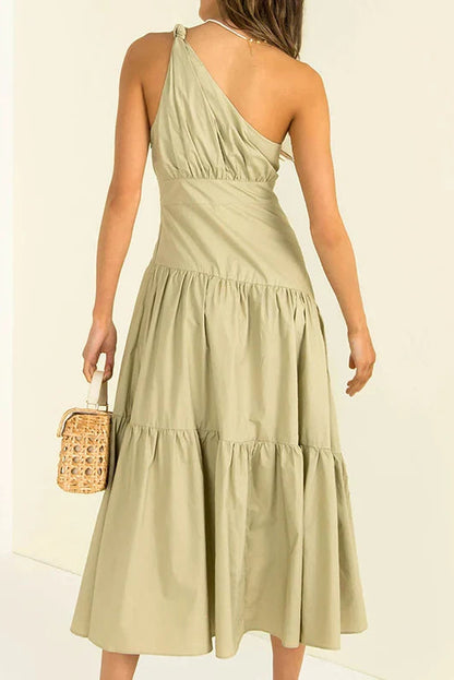 Simple A-Line One-Shoulder Sleeveless Ruched Back Midi Length Prom Dresses