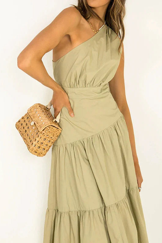 Simple A-Line One-Shoulder Sleeveless Ruched Back Midi Length Prom Dresses